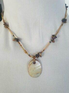 Handmade Abalone Shell Pendant Necklace with Tiger Eye Chips and Wood Beads Boho